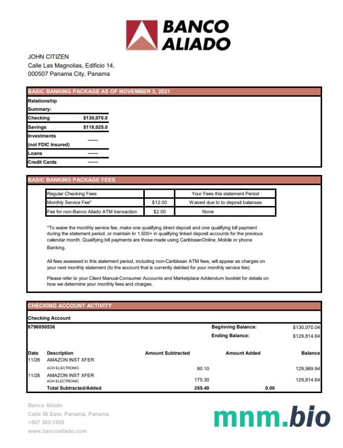Szablon wyciągu bankowego Panama Banco Aliado w programie Word i PDF